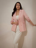 BIZwear Light-Colored Commuter Blazer With Double-Breasted Design, Pleated Sleeves, Bright Buttons And Slim Fit Cut, 3/4 Sleeve Length