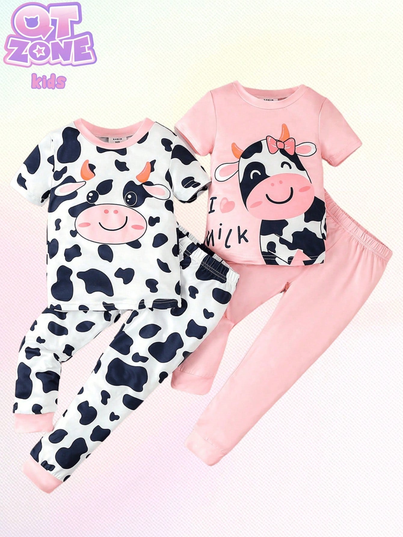 Young Girl Simple Cow Print Short-Sleeve Tight Top And Long Pants Pajama Set, 2pcs