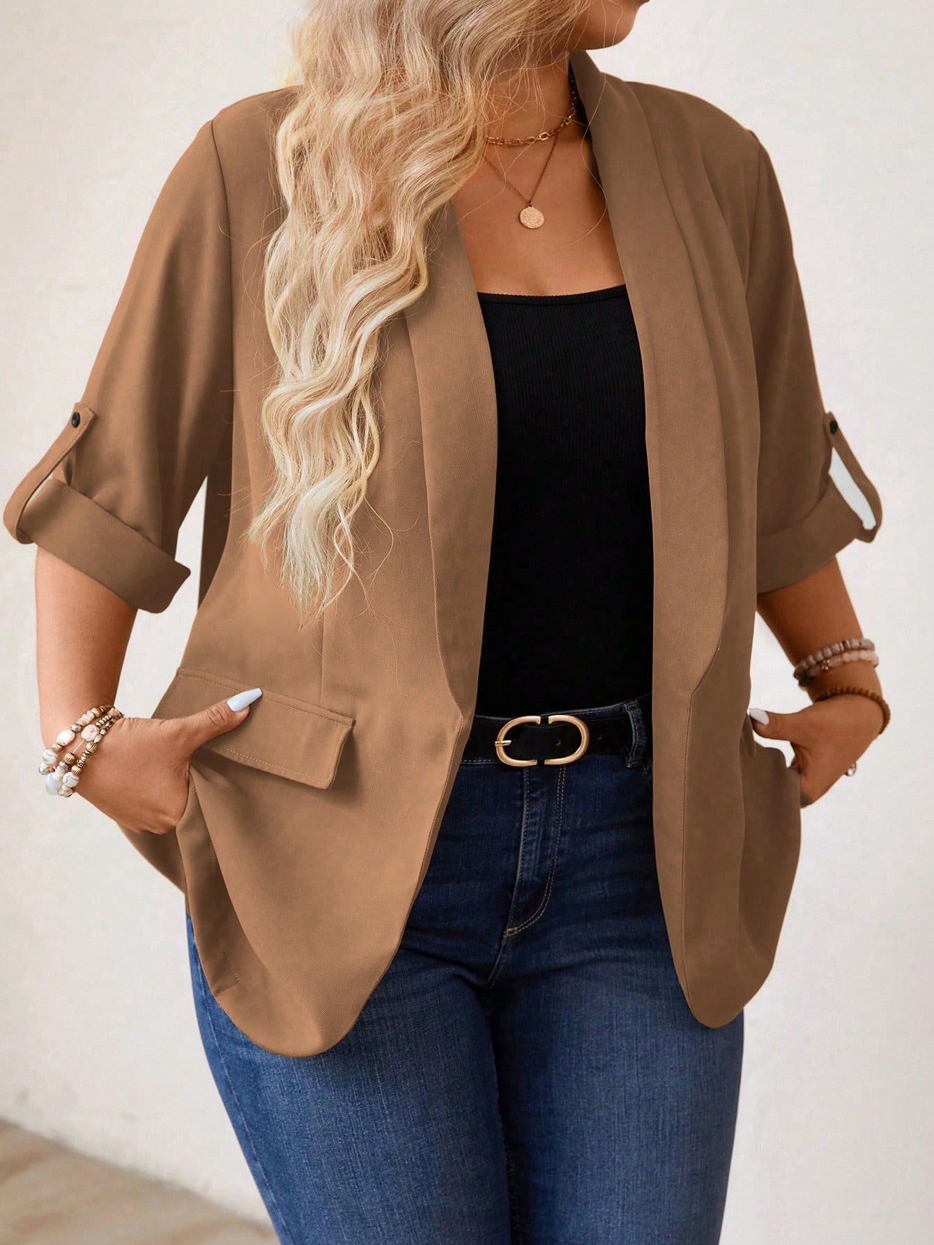 Plus Size Women Fashionable Solid Color Loose Fit Mid-Sleeved Blazer