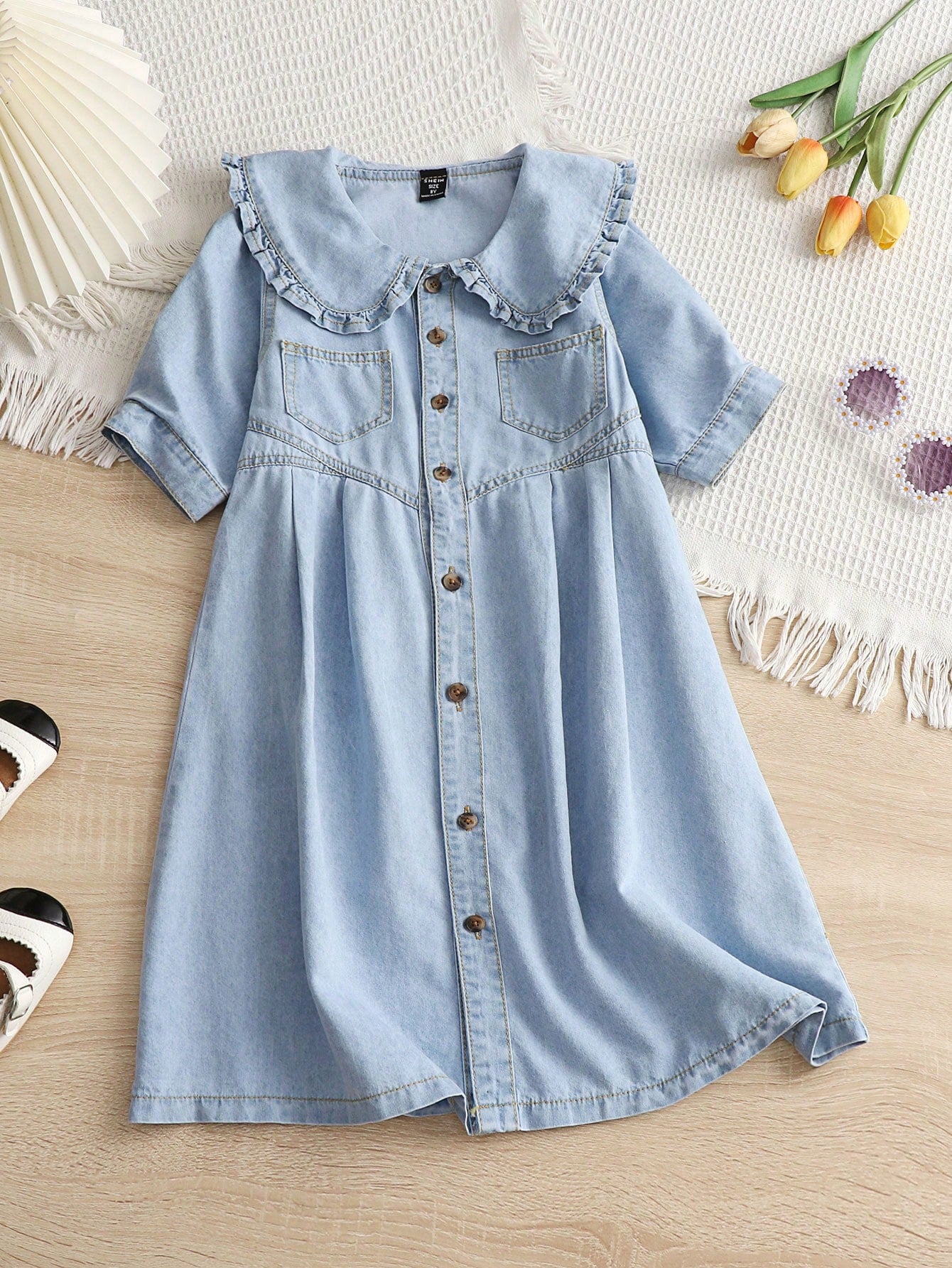 Tween Girls Front Button Peter Pan Collar Tie-Waist Pocket Denim Dress For Summer