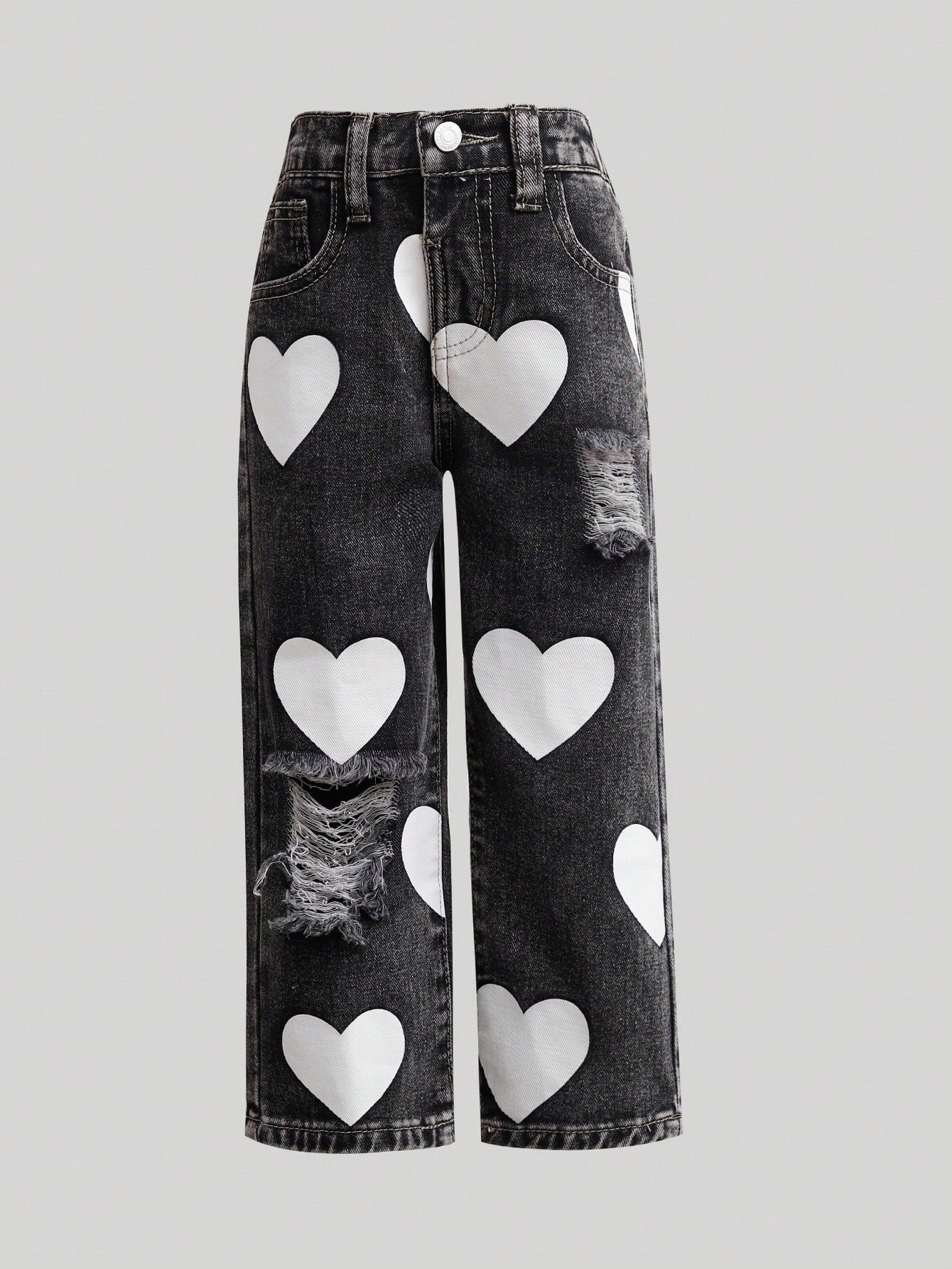 Girls Heart Print Simple Casual Denim Jeans