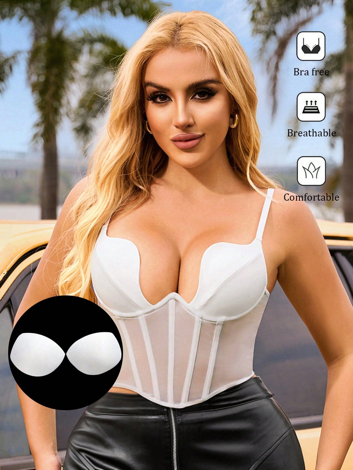 Valentine's Day Ladies Sexy White Deep S Square Irregular Neckline Underwire Fishbone High Elastic High-End Elegant Sexy Sleeveless Silky Skin-Friendly Tight Shoulder Straps Adjustable Short Bra Camisole Corset