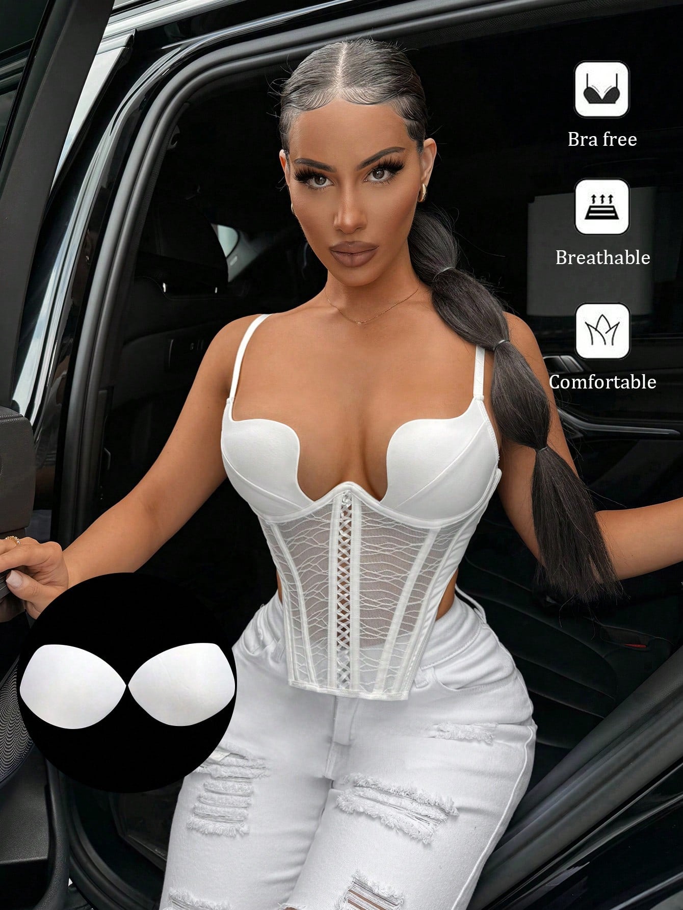 Valentine's Day Ladies Sexy White Deep S Square Irregular Neckline Underwire Fishbone High Elastic High-End Elegant Sexy Sleeveless Silky Skin-Friendly Tight Shoulder Straps Adjustable Short Bra Camisole Corset