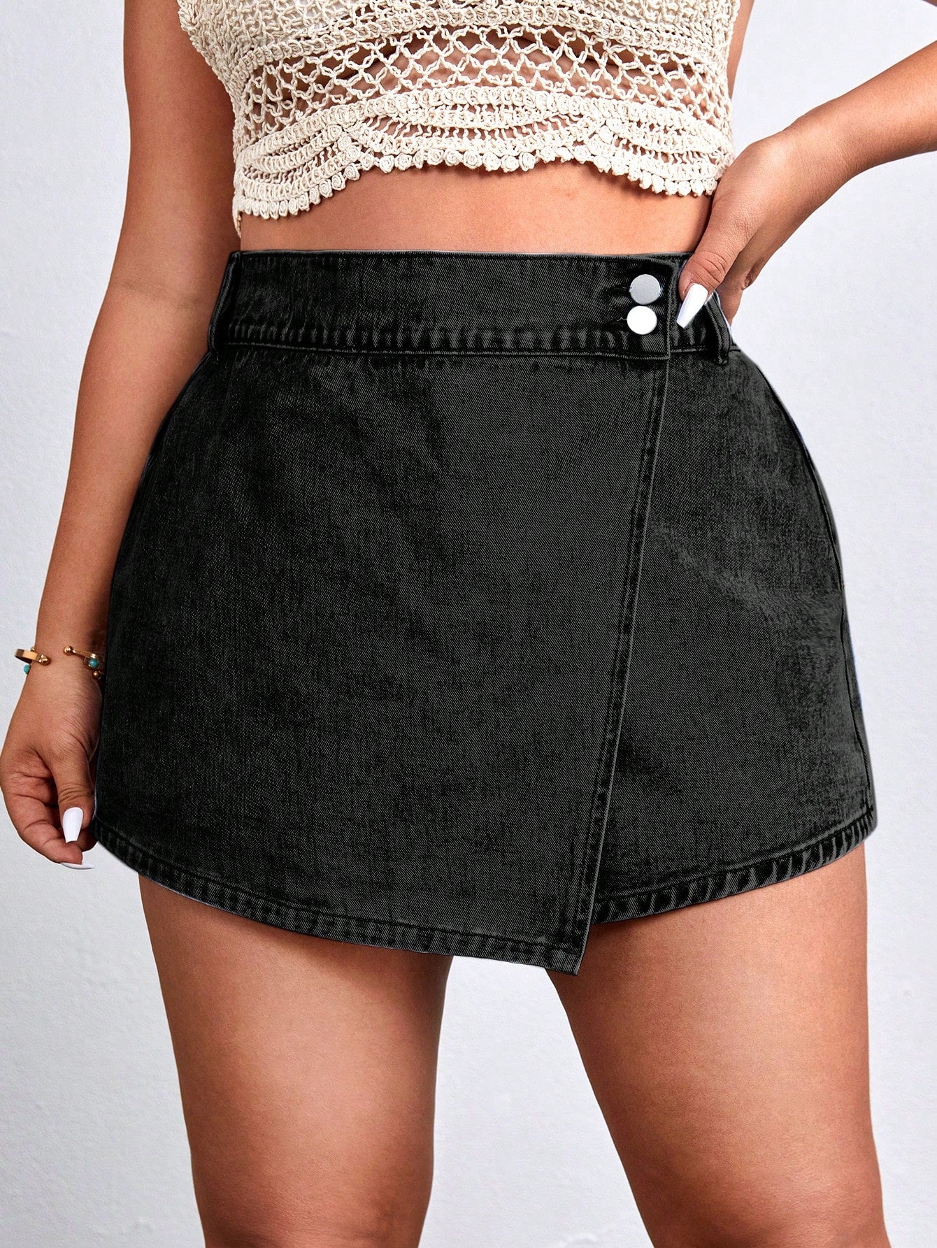 Plus Wrap Button Side Denim Shorts