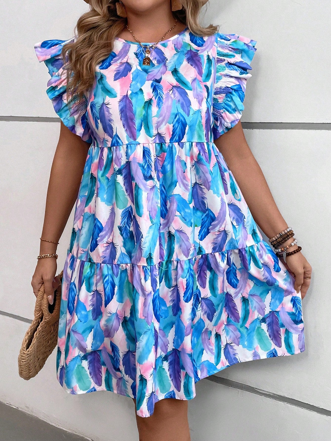 Plus Size Vacation Round Neck Short Cap Sleeve Fluffy Feather Print Dress