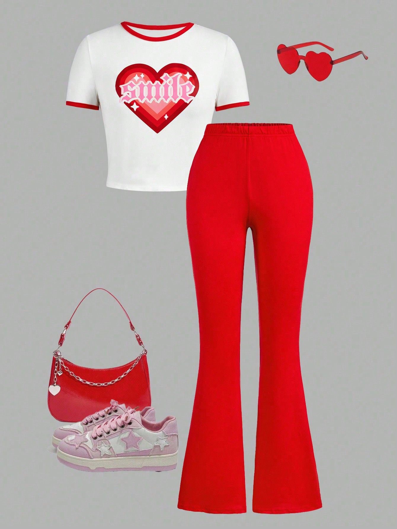 Tween Girl Summer Casual Two-Piece Set With Letter & Heart Print Round Neck Short Sleeve T-Shirt And Flare Pants