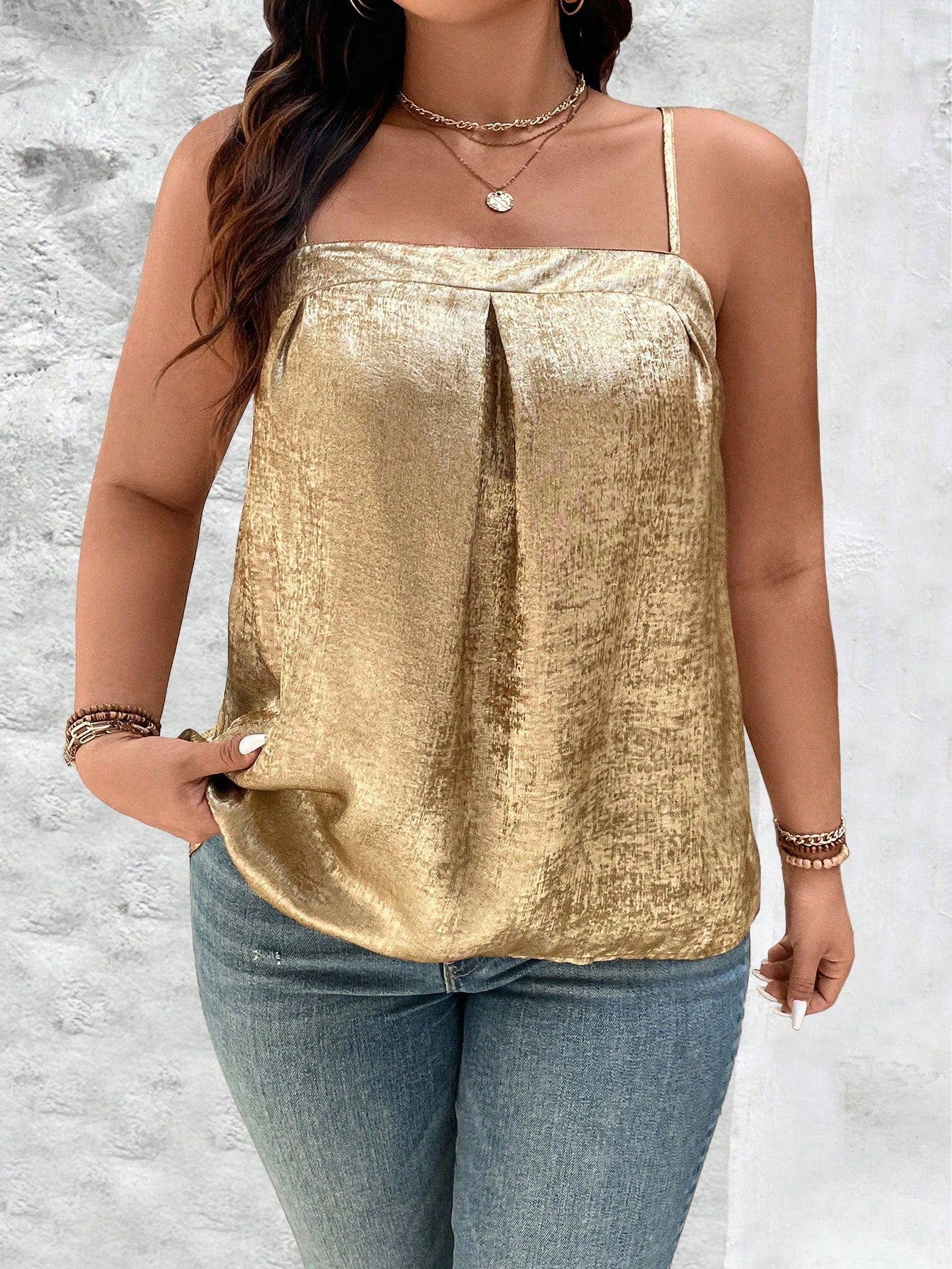 Plus Size Women's Summer Solid Color Metallic Texture Pleated Camisole Top