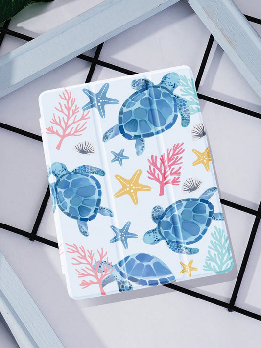 1pc Turtle & Ocean Themed Tablet Case, Shockproof, With Pencil Holder, Sleep/Wake Function, Compatible With Samsung, Huawei, Xiaomi And IPad