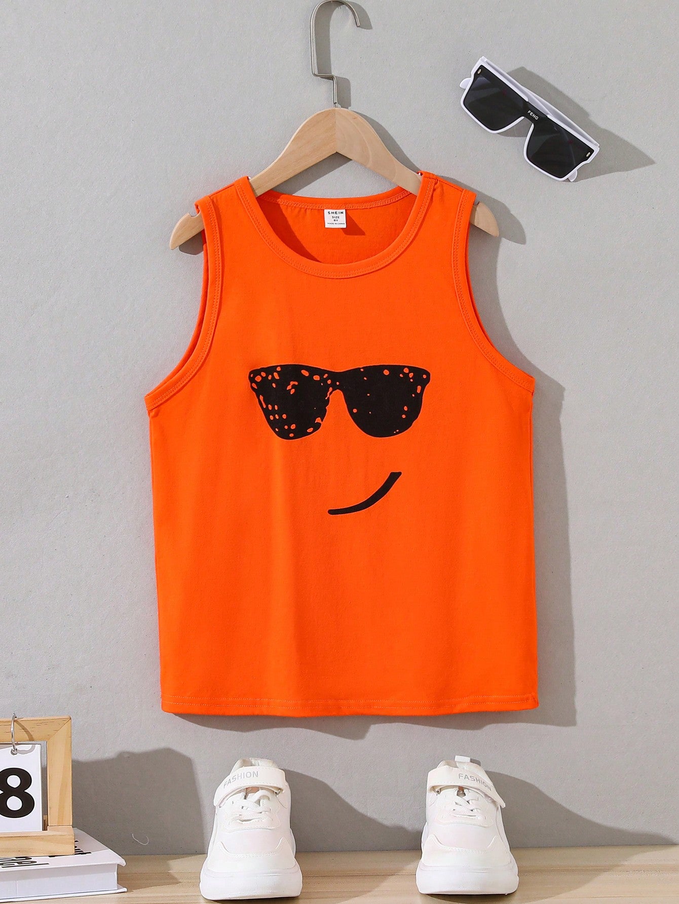 Tween Boy Casual Comfortable Sleeveless Top With Sunglasses & Smirk Pattern