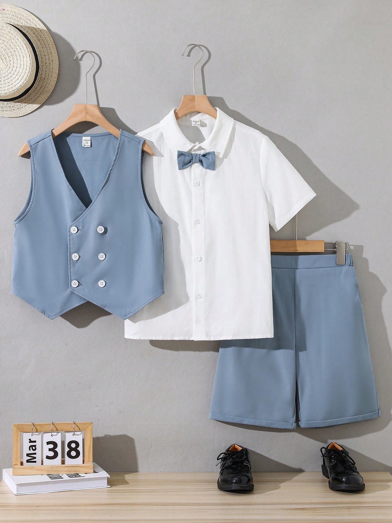 Tween Boys Fitted Gorgeous Woven Lapel Shirt, Double-Breasted Vest, Shorts, Gentleman's Three-Piece Set