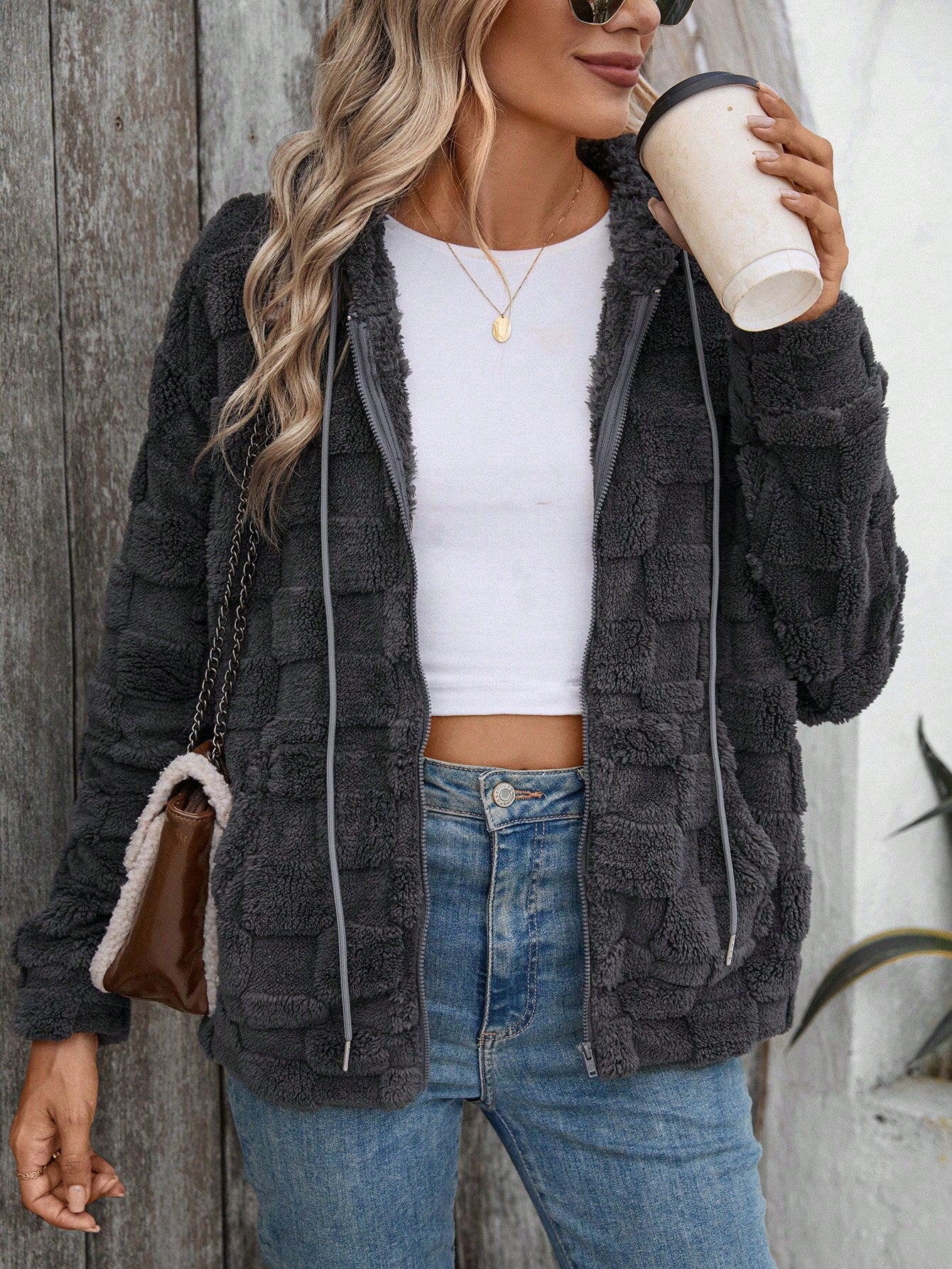 Zip Up Drop Shoulder Drawstring Hooded Teddy Jacket