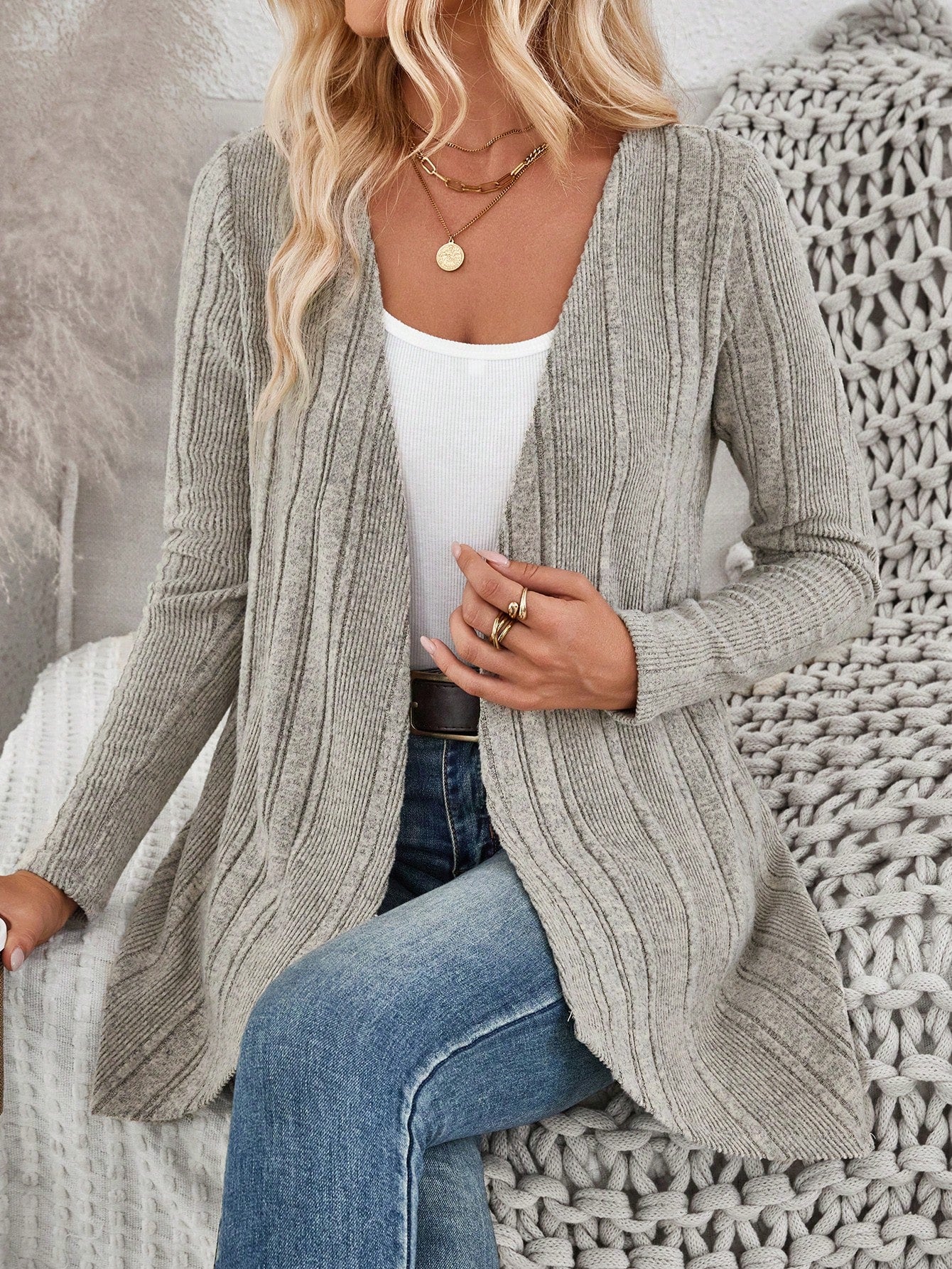 Marled Knit Open Front Asymmetrical Hem Coat