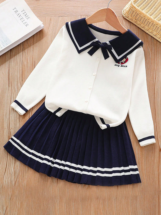 Teenage Girls' School-Style Color Block Sweater And Skirt Set