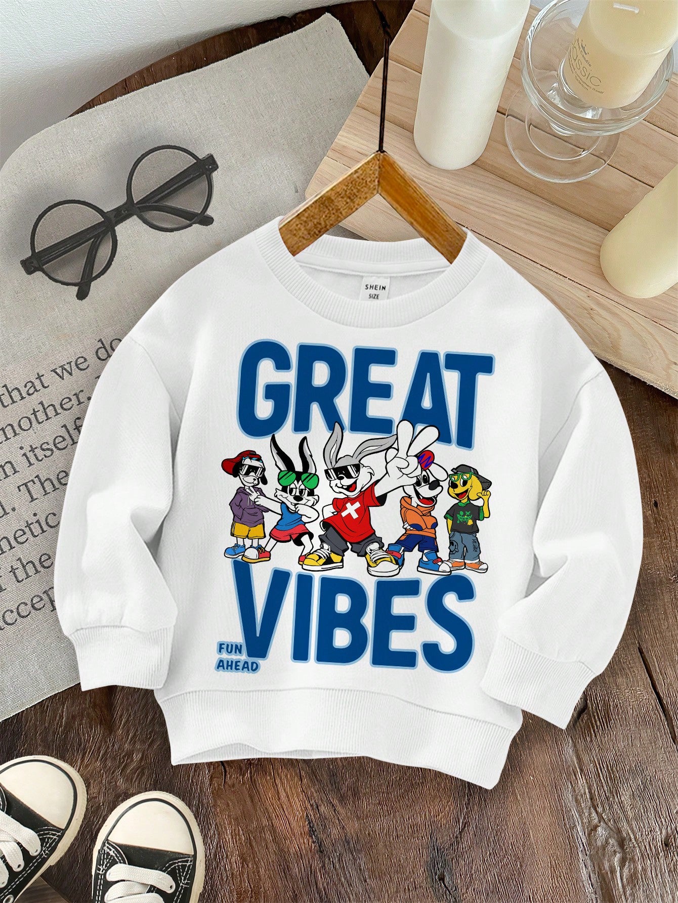 Young Boy's Casual Simple Style Letter & Cartoon Rabbit Printed Long Sleeve Round Neck Sweatshirt, Suitable For Autumn And Winter