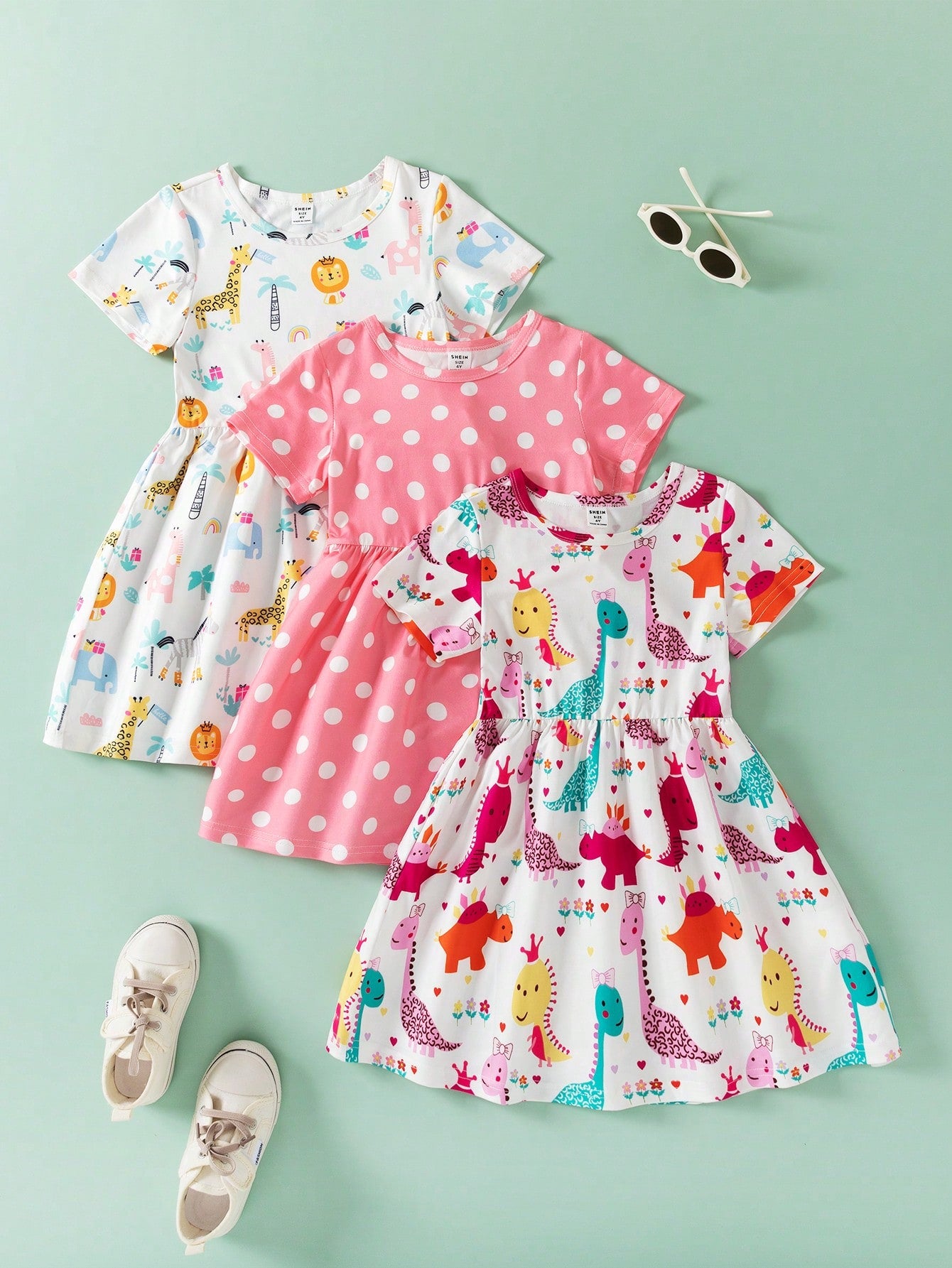 Young Girls Floral & Polka Dot Print    3-Piece Summer Dress Set