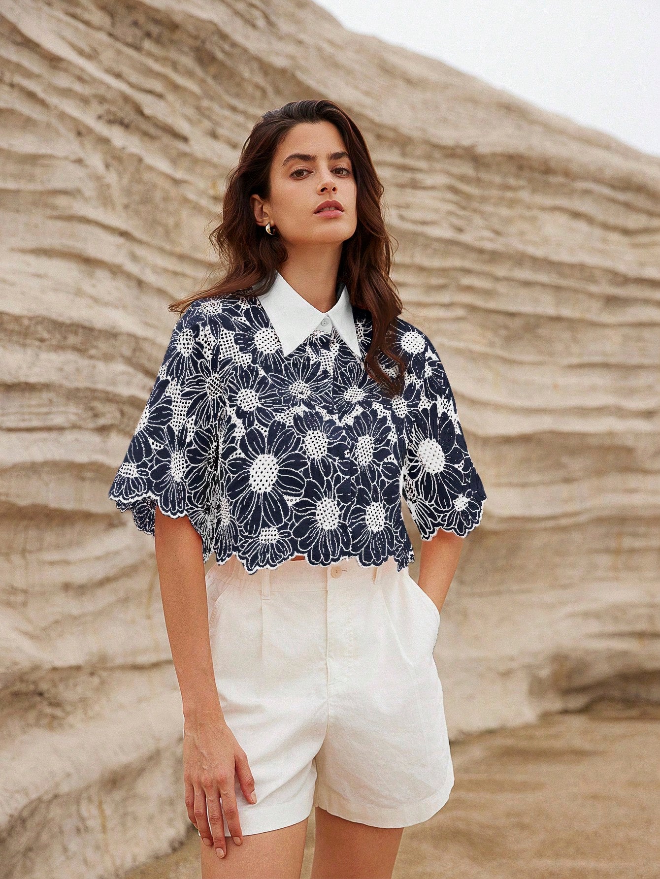 Random Elegant Daisy Embroidery Hollow Out Shirt