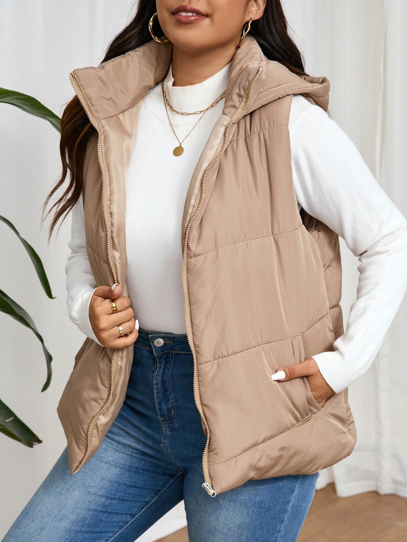 Frenchy Plus Zip Up Hooded Vest Puffer Coat