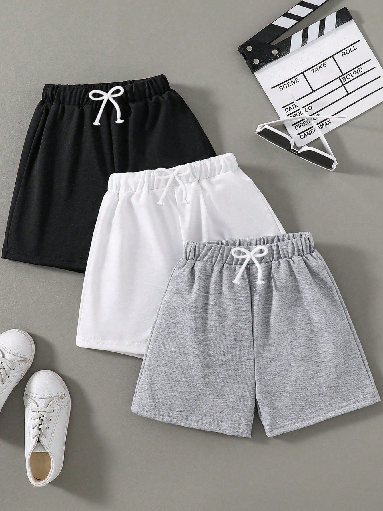 3pcs/Set Solid Drawstring Waist Shorts For Tween Boys