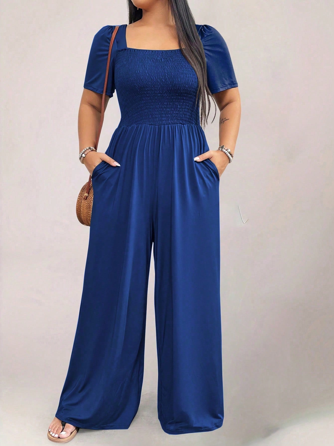 Plus Size Square Neck Loose Fit Short Sleeve Jumpsuit With Pockets