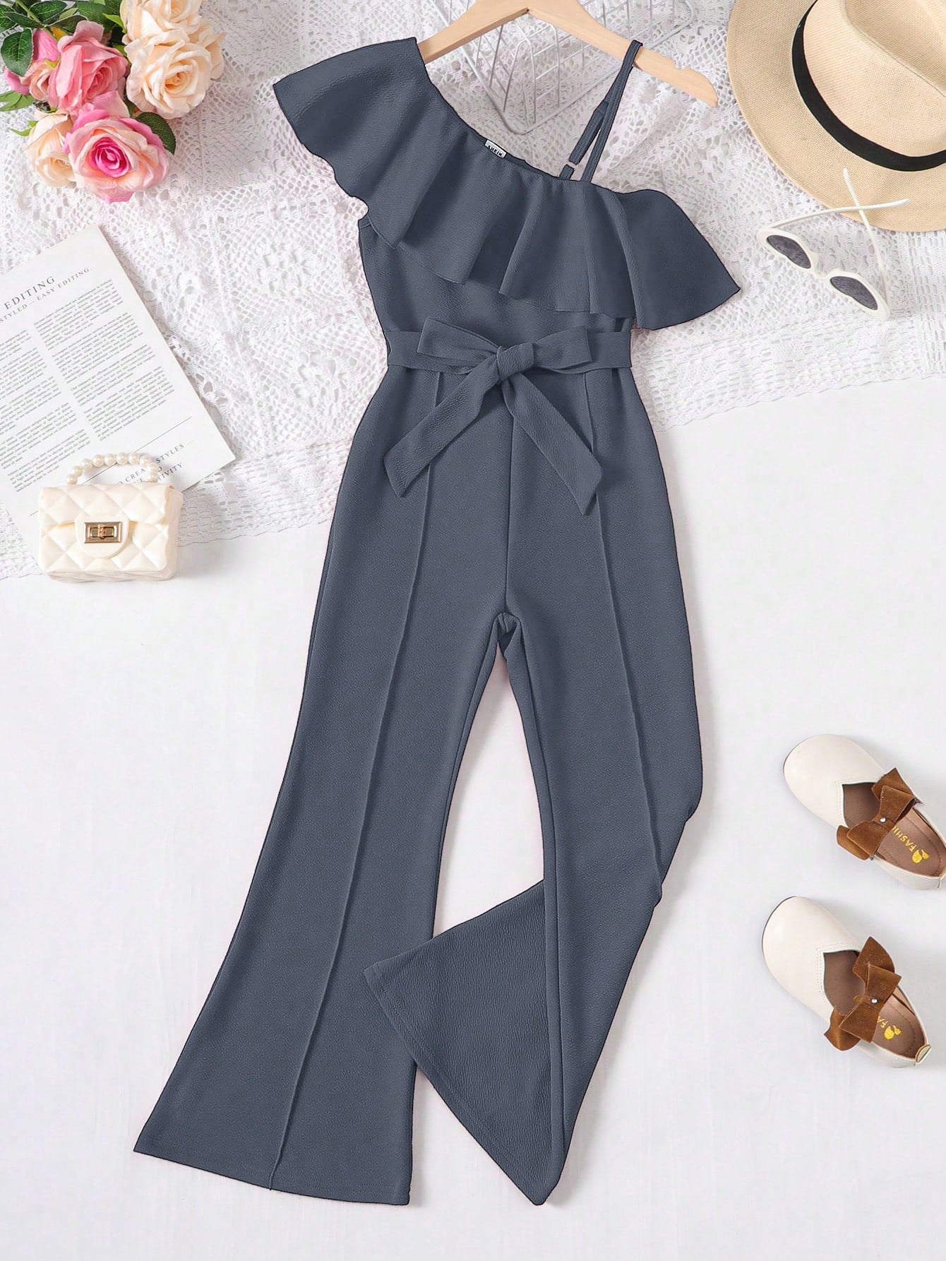 Tween Girl Asymmetrical Neck Ruffle Trim Belted Flare Leg Jumpsuit