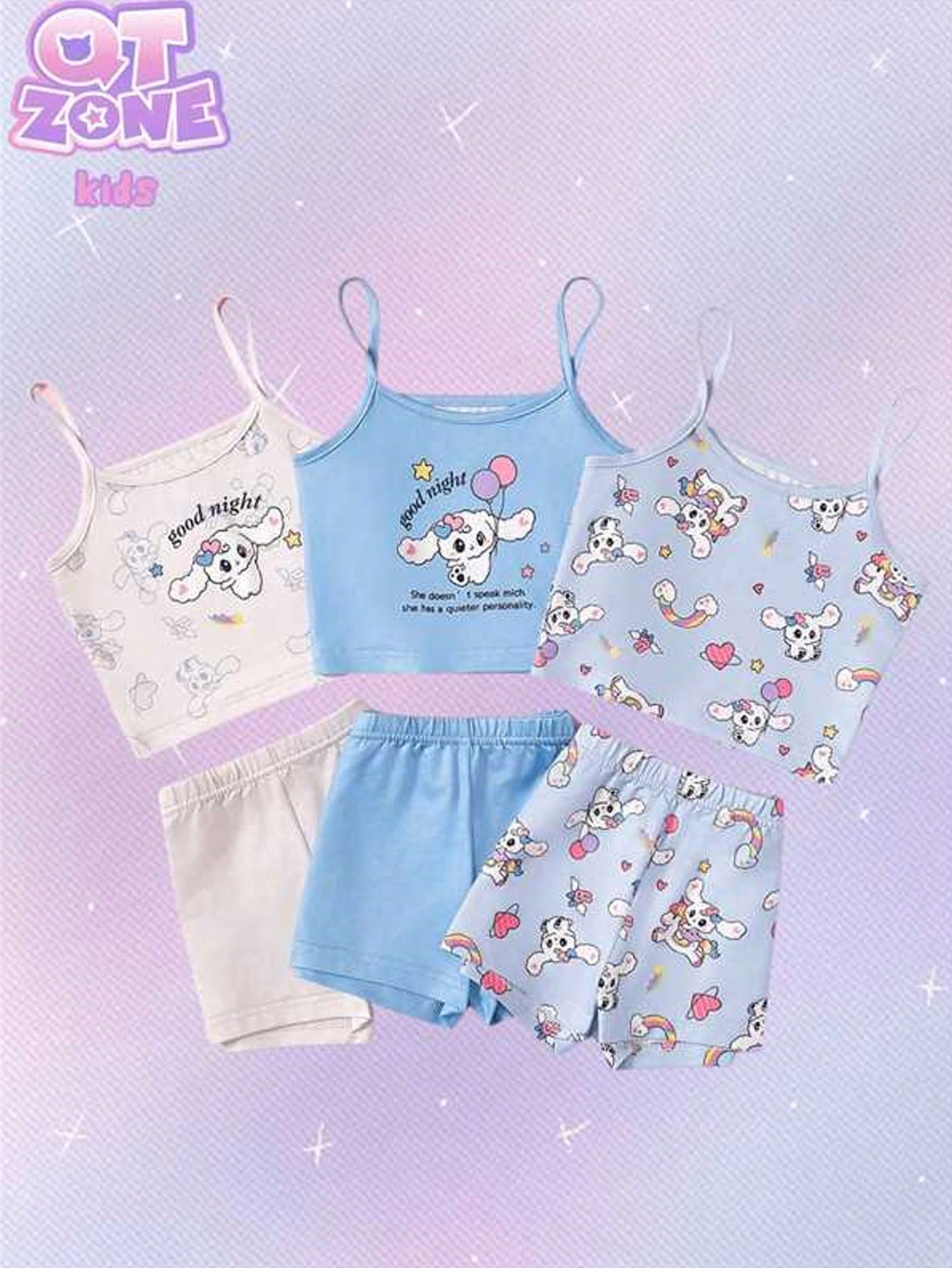 Young Girl 6pcs/Set Cute Cartoon Printed Camisole And Underwear Combination, Multi-Color