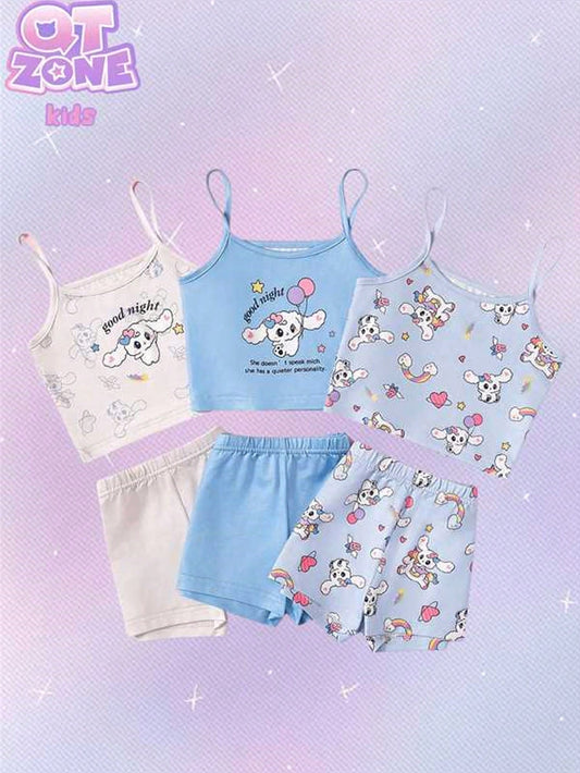 Young Girl 6pcs/Set Cute Cartoon Printed Camisole And Underwear Combination, Multi-Color