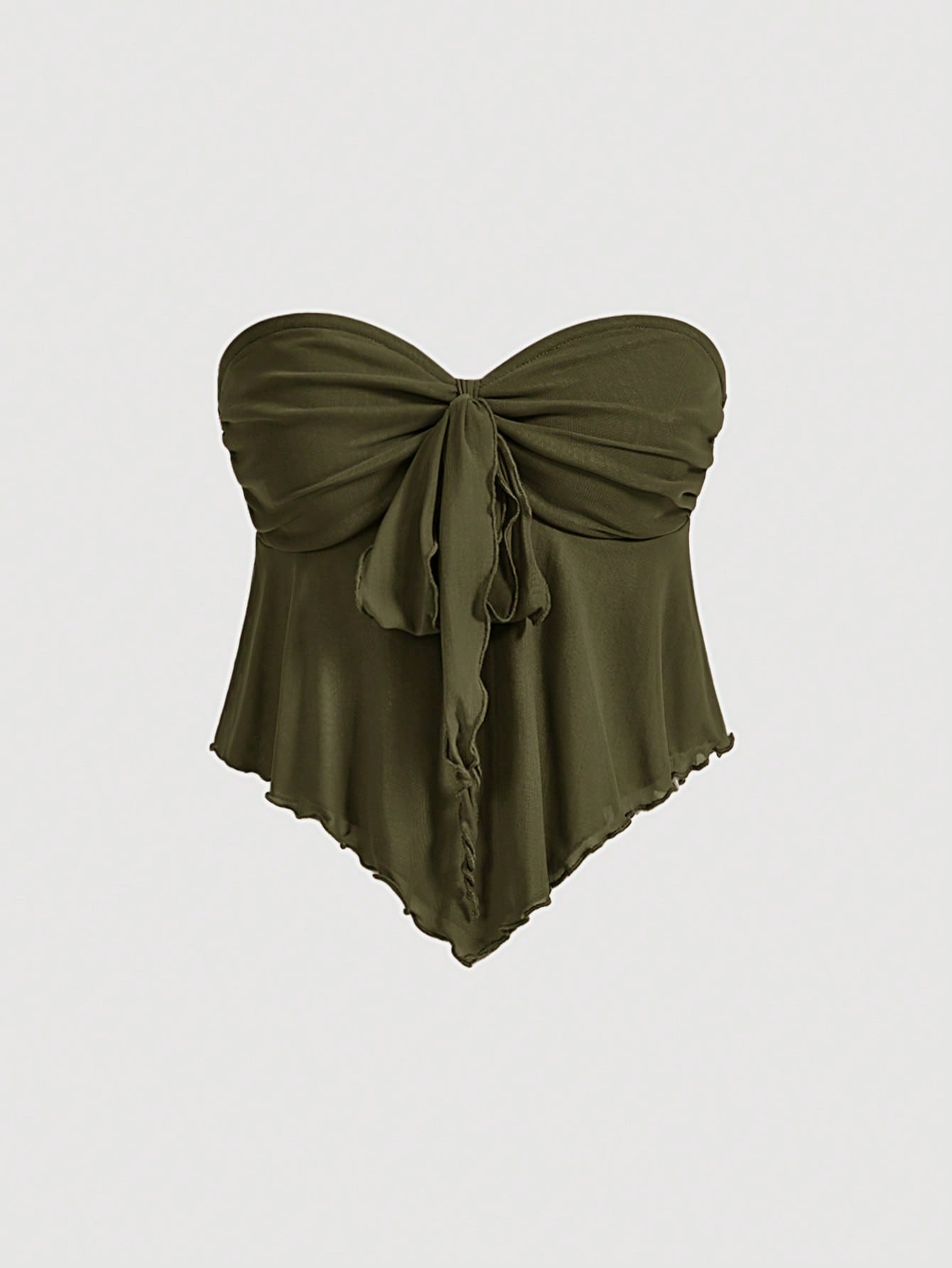 Women's V-Shaped Hem Mesh Strapless Top With Bow Belt