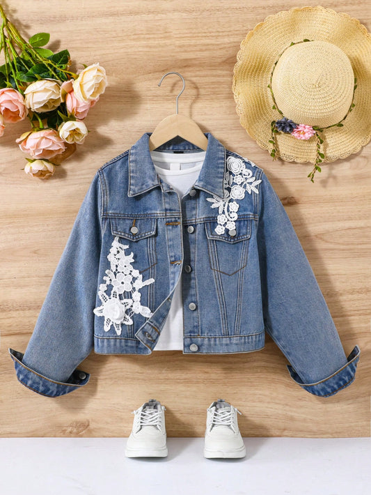 Tween Girls' Trendy Causal Lace Trim Stonewashed Denim Jeans Jacket With Lapel Collar And Patch Pocket Without Tee