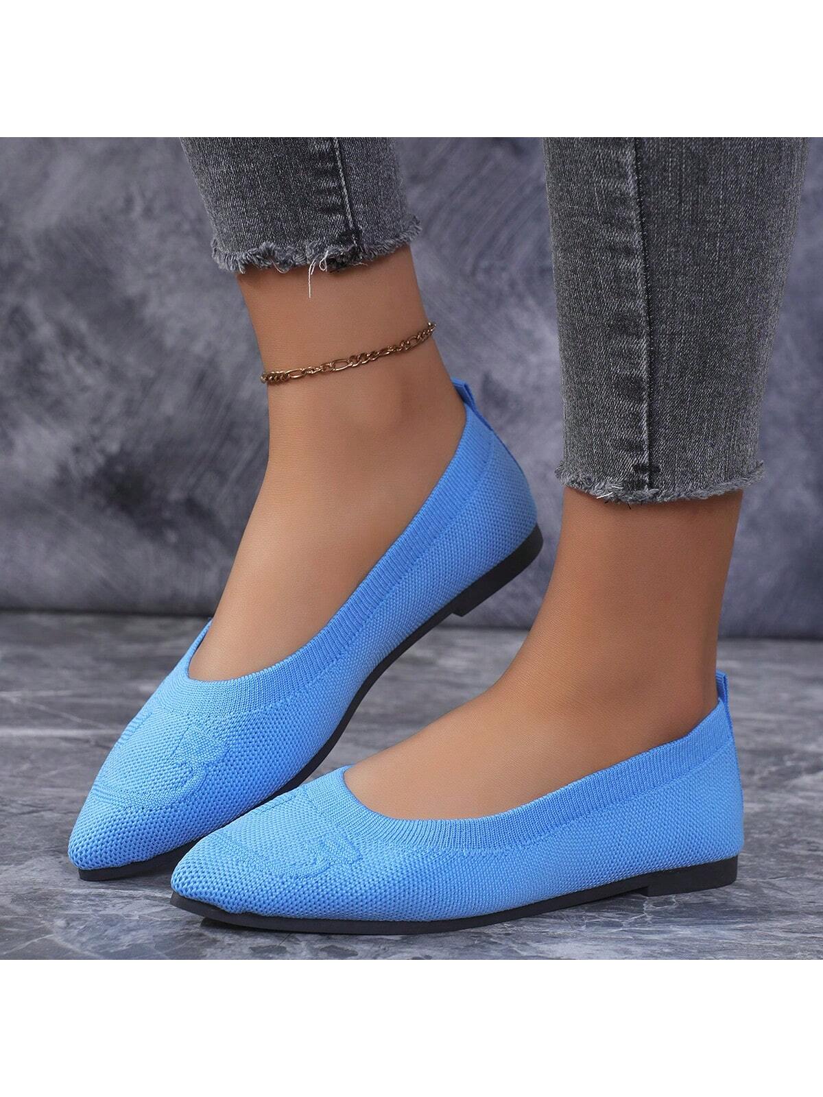 2024 Spring New Soft Bottom Shallow Pointed-Toe Breathable Flat Solid Color Hollow-Out Knit Women's Loafers