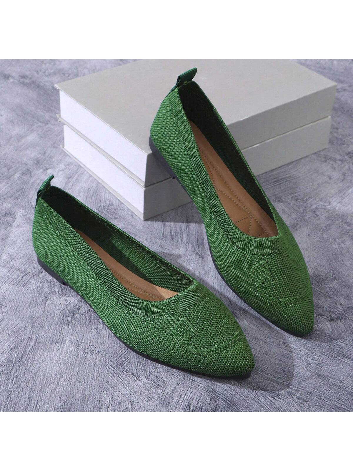 2024 Spring New Soft Bottom Shallow Pointed-Toe Breathable Flat Solid Color Hollow-Out Knit Women's Loafers