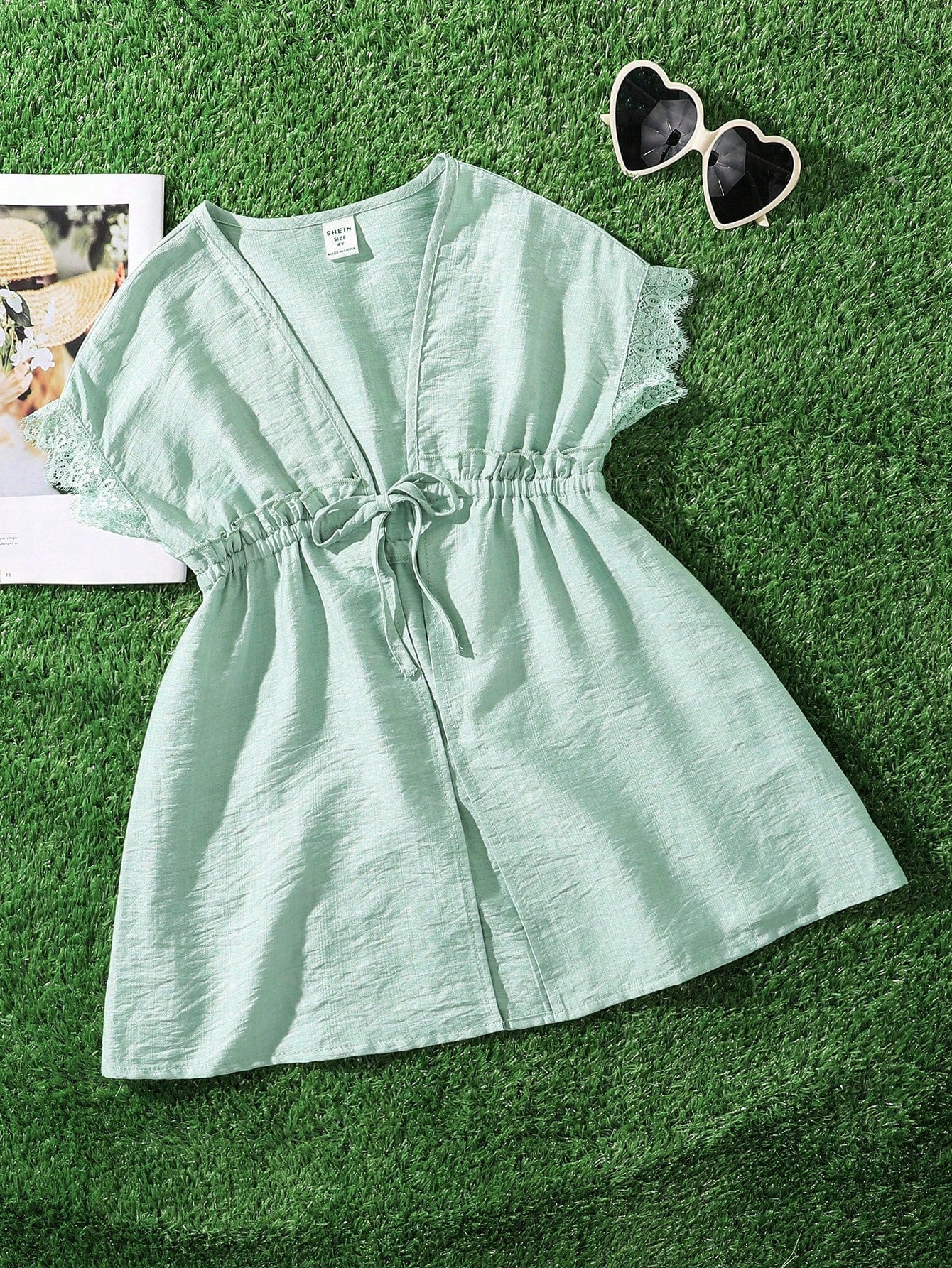 Young Girl Woven Solid Color Loose Casual Cover Up With Wide Sleeves