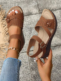 Women's Summer New Arrival Ankle Strap Sandals With Gold Square Buckle & Flower Decoration, Hollow Cross Straps, Fashionable, Elegant, Casual, Comfortable For Daily Wear, Traveling, Beach, Wedges High Heel Platform Sandals