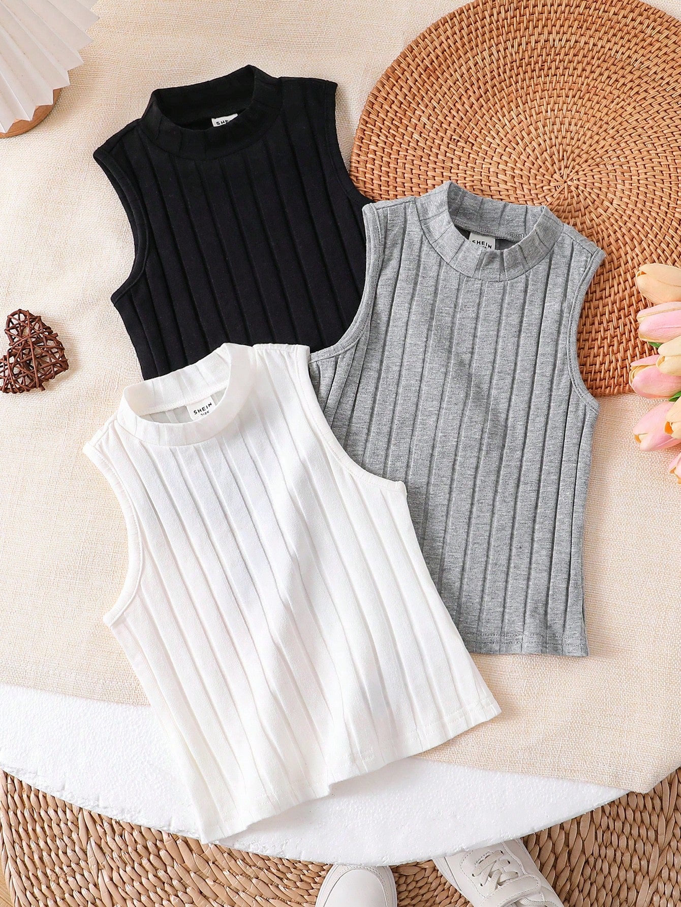 Young Girl Fashionable And Elegant Knitted Tank Top With Comfortable And Cozy Textured Top Set Of Three (High Stand Collar)