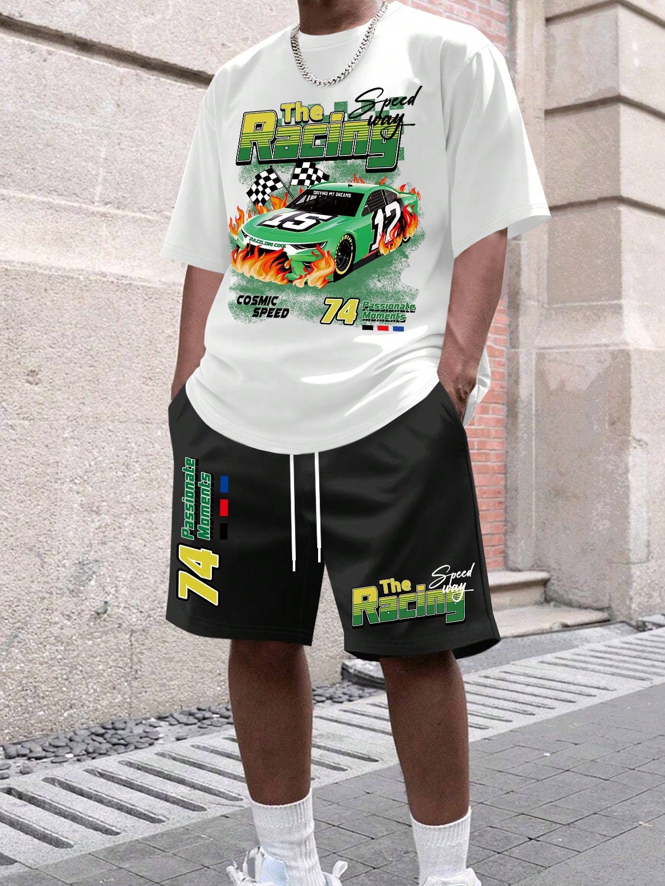 Men's Summer Letter Printed Car Patterned Casual Round Neck Short Sleeve T-Shirt And Drawstring Waist Shorts Set