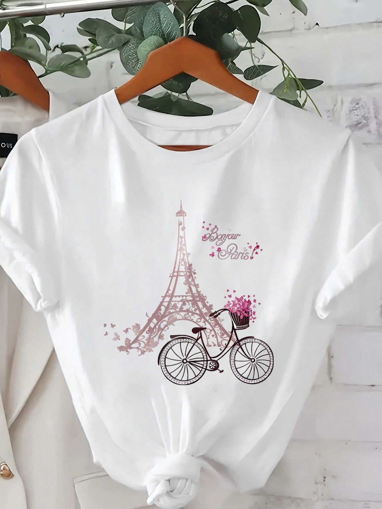 花、エッフェル塔、自転車がプリントされたレディースカジュアルラウンドネック半袖Tシャツ