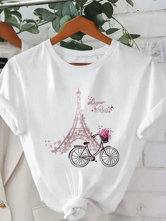 Flower, Eiffel Tower, And Bicycle Printed Women's Casual Round Neck Short Sleeve T-Shirt