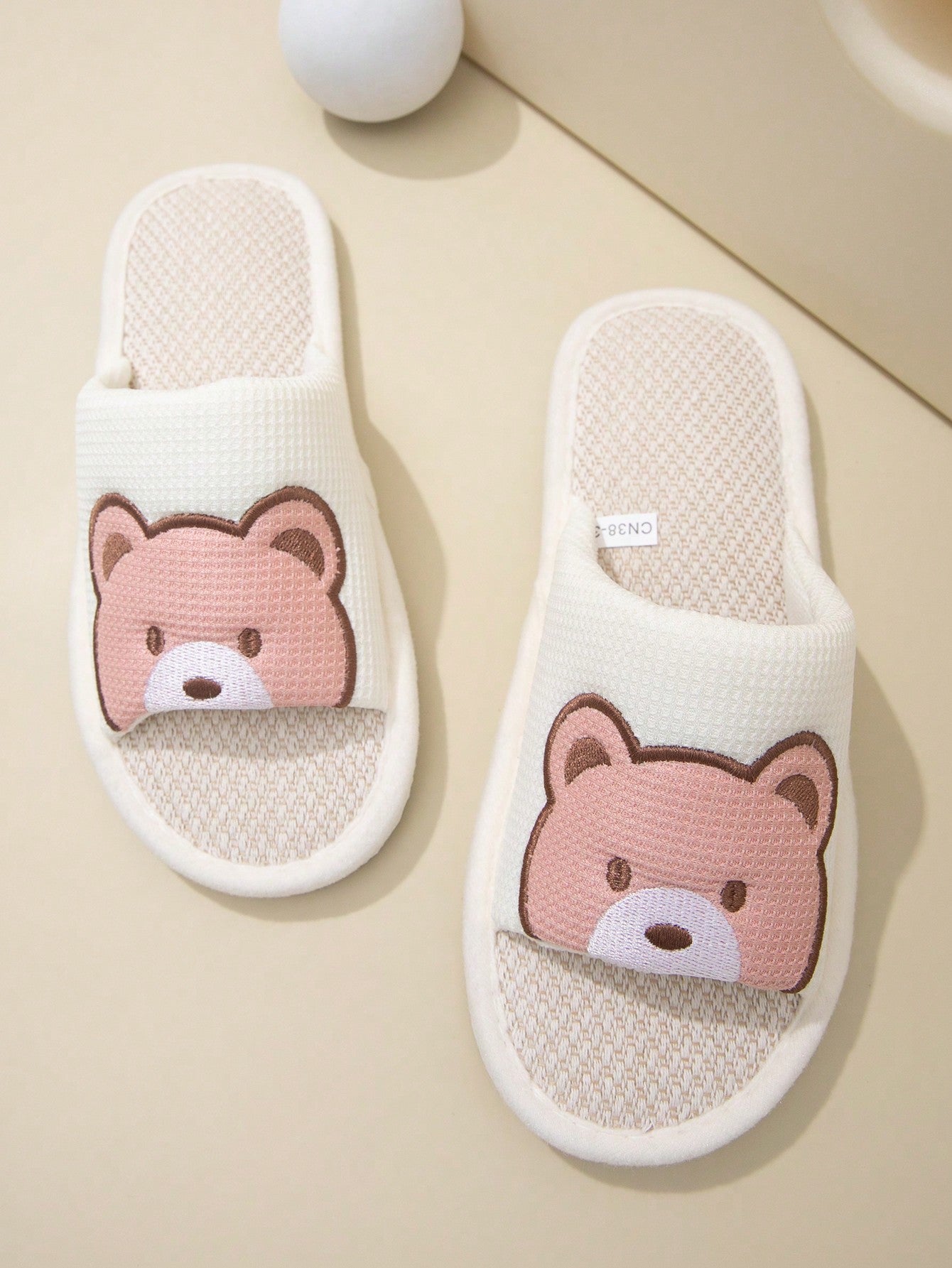 Women's Linen Bottom Comfortable Slippers, All Seasons, Cute Cartoon Embroidered Bear Slippers, Fashionable Lightweight Indoor Slippers, Anti-Slippery, Breathable Open-Toed Slides