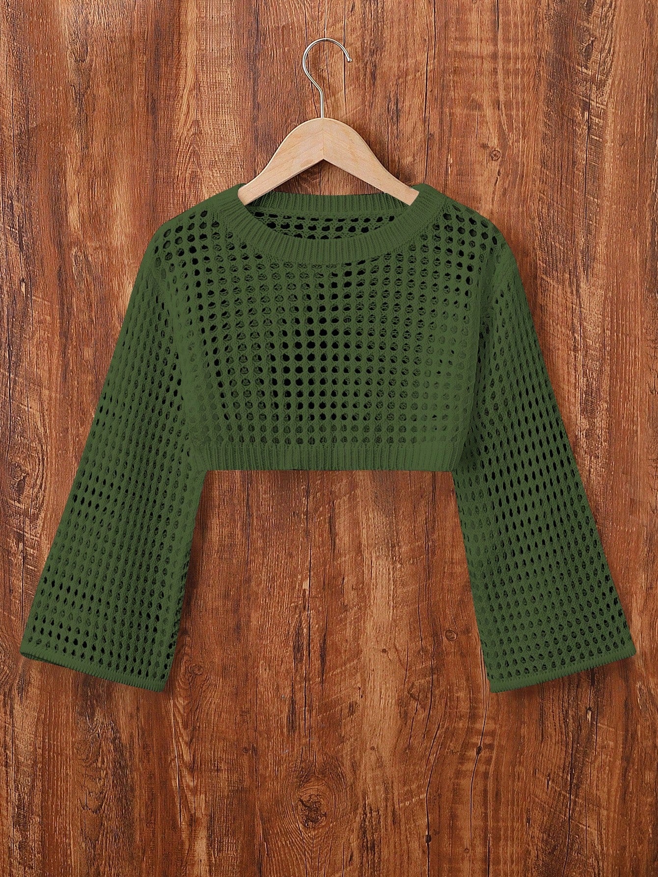 Tween Girl Solid Color Round Neck Long Sleeve Cropped Sweater With Hollow Out Design, Spring/Summer