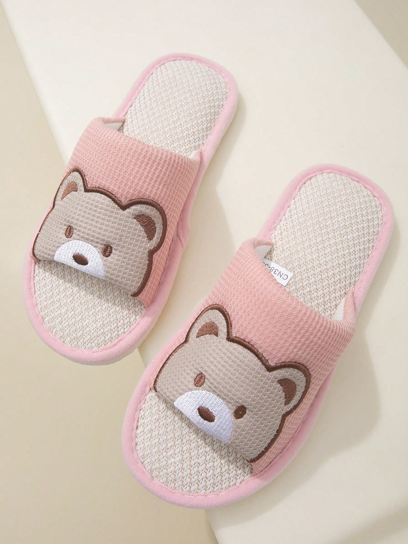 Women's Linen Bottom Comfortable Slippers, All Seasons, Cute Cartoon Embroidered Bear Slippers, Fashionable Lightweight Indoor Slippers, Anti-Slippery, Breathable Open-Toed Slides