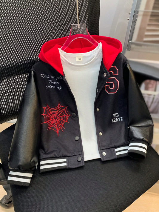 Young Boys' Fun Spider & 'SPIDER' Letter Printed Sleeve Patchwork Black PU Fabric Hooded Jacket With Red Contrast Color, Suitable For Autumn & Winter. Can Be Layered With Sweatshirts Or T-Shirts For Outings, Stylish, Comfortable And Cool.