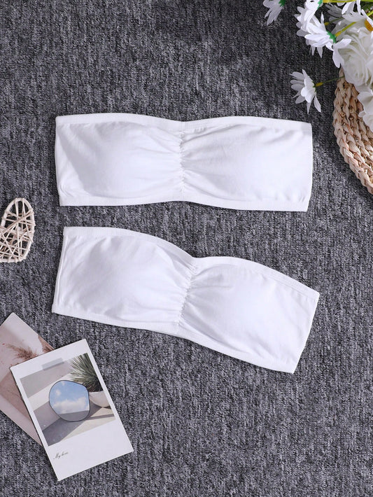 2pcs Knit Comfort Bandeau Bra With Chest Cotton Pad,Wireless Casual Bralette For Tween Girls