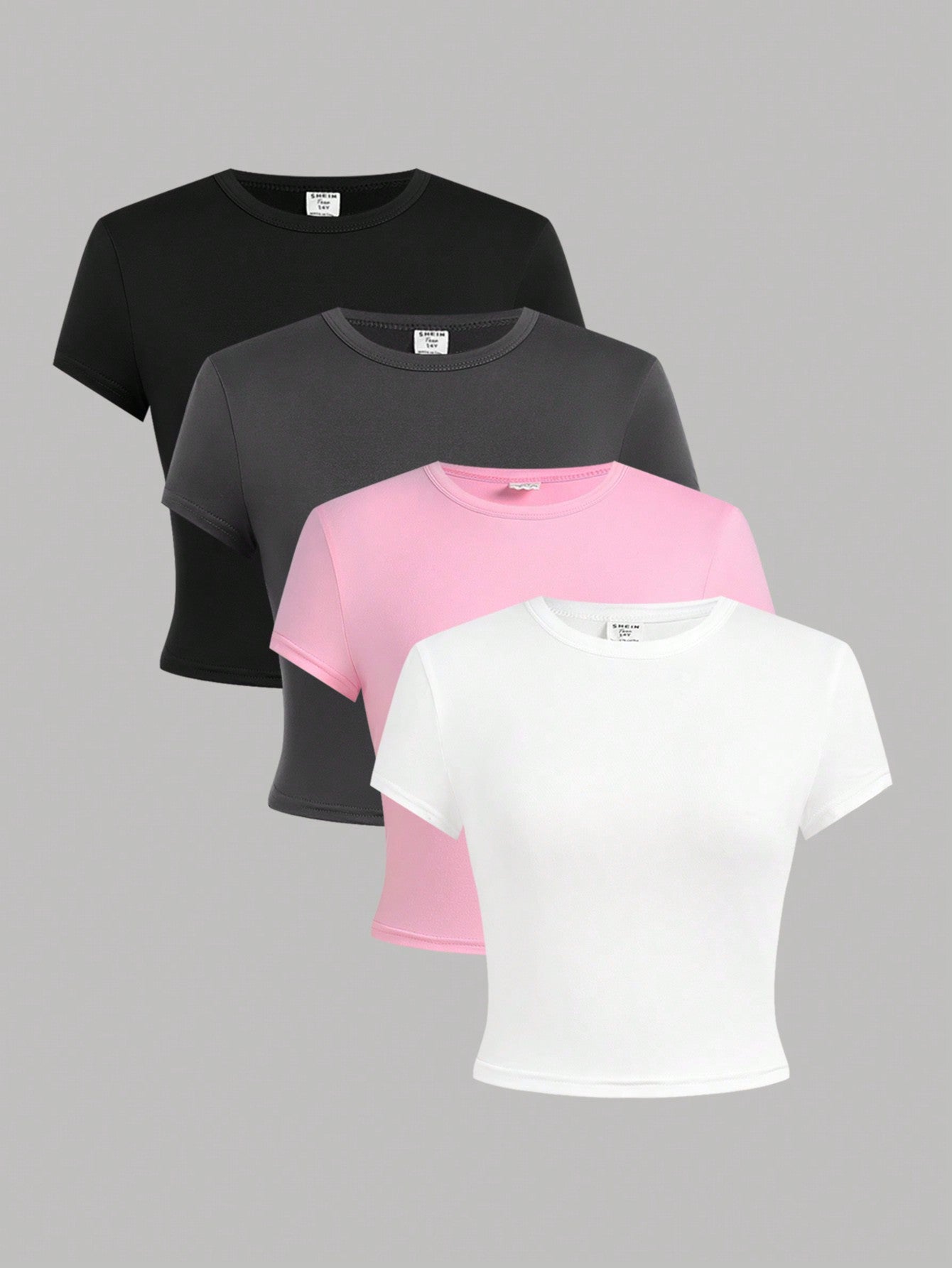 4pcs Short Knit Solid Color Tight-Fitting Crop Top T-Shirt Set For Teen Girls