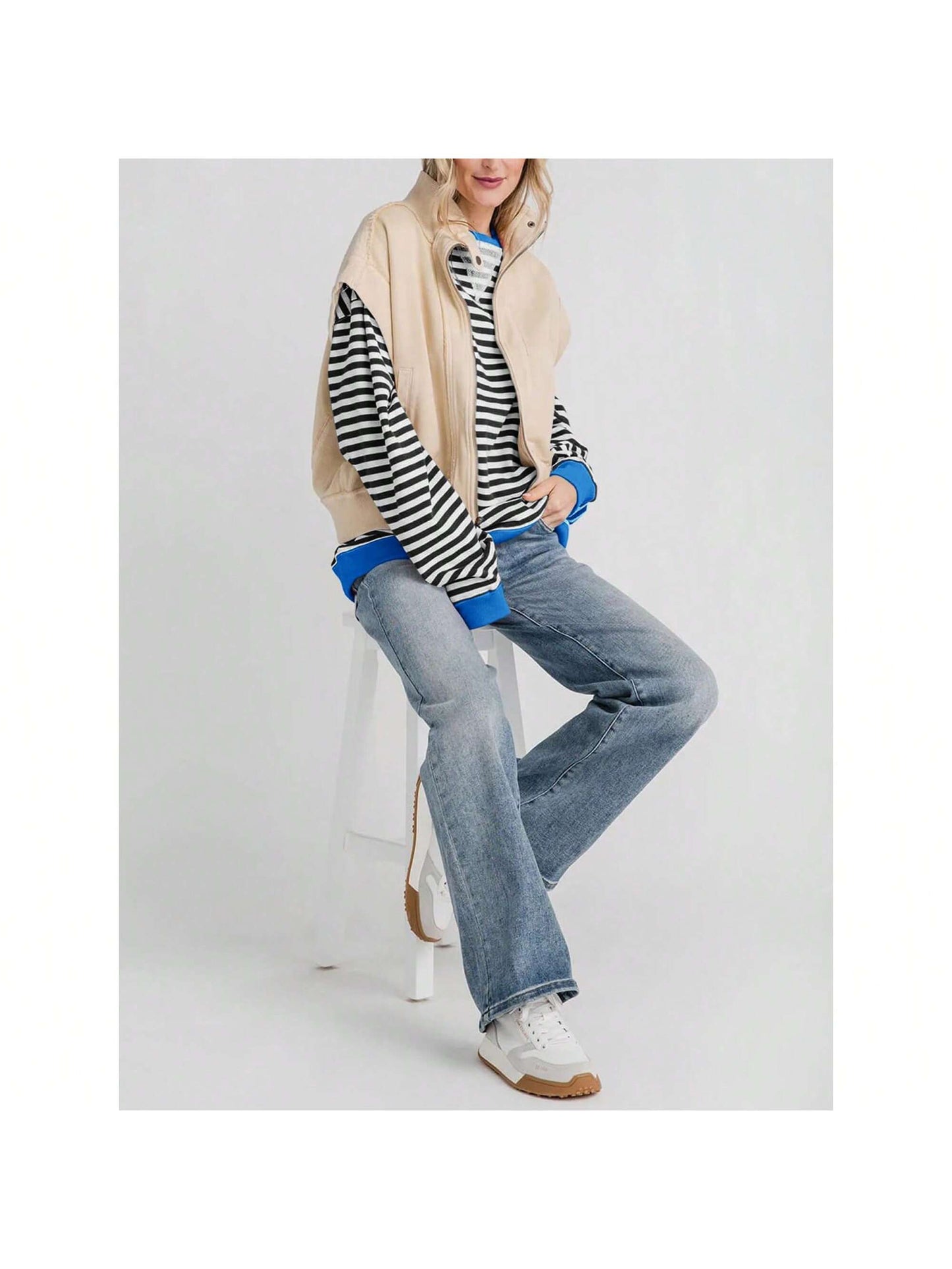 BZB  Womens Striped Oversized Sweatshirt Color Block Crew Neck Long Sleeve Shirt Casual Loose Pullover Top Y2K Clothes