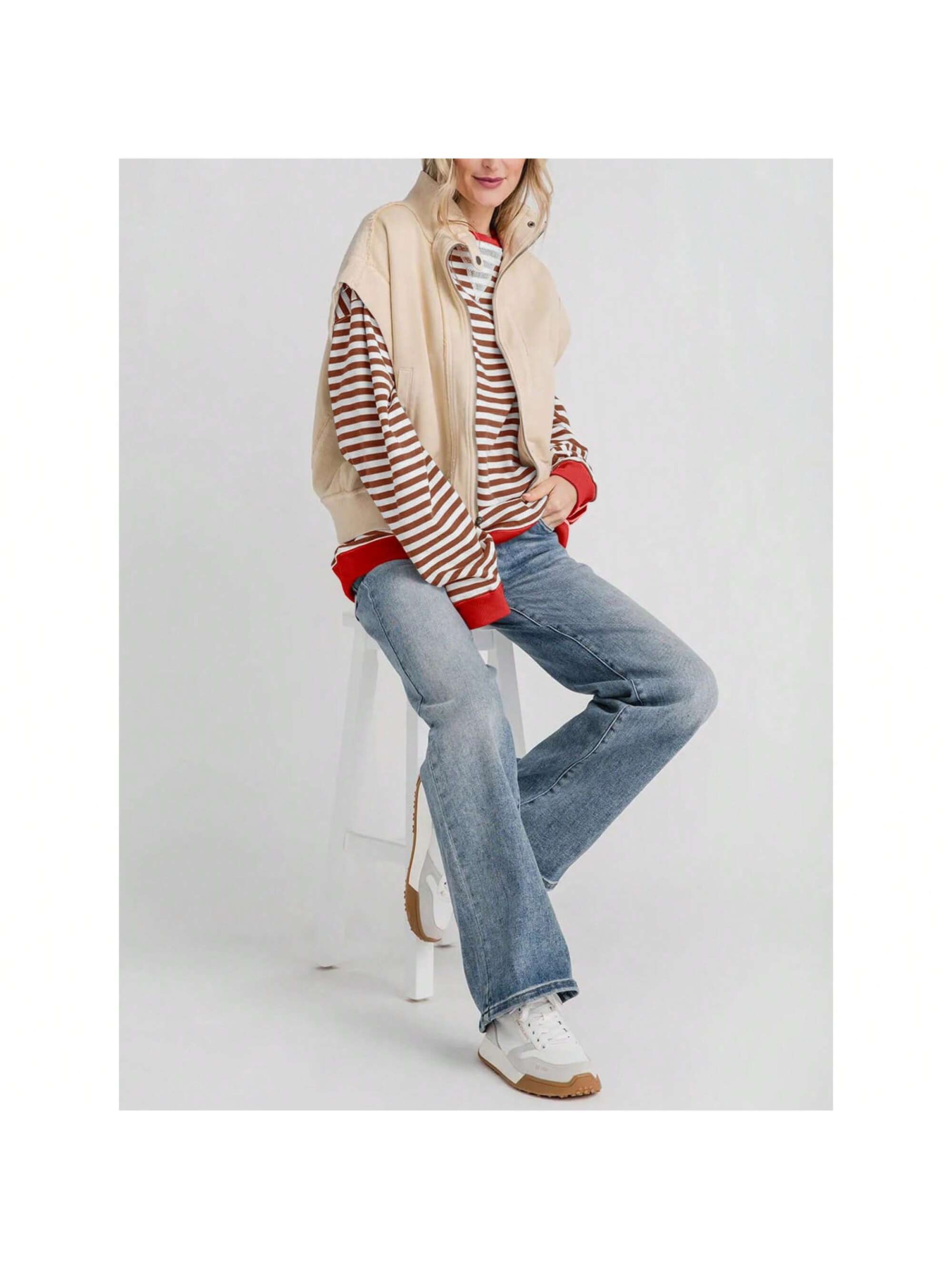 BZB  Womens Striped Oversized Sweatshirt Color Block Crew Neck Long Sleeve Shirt Casual Loose Pullover Top Y2K Clothes