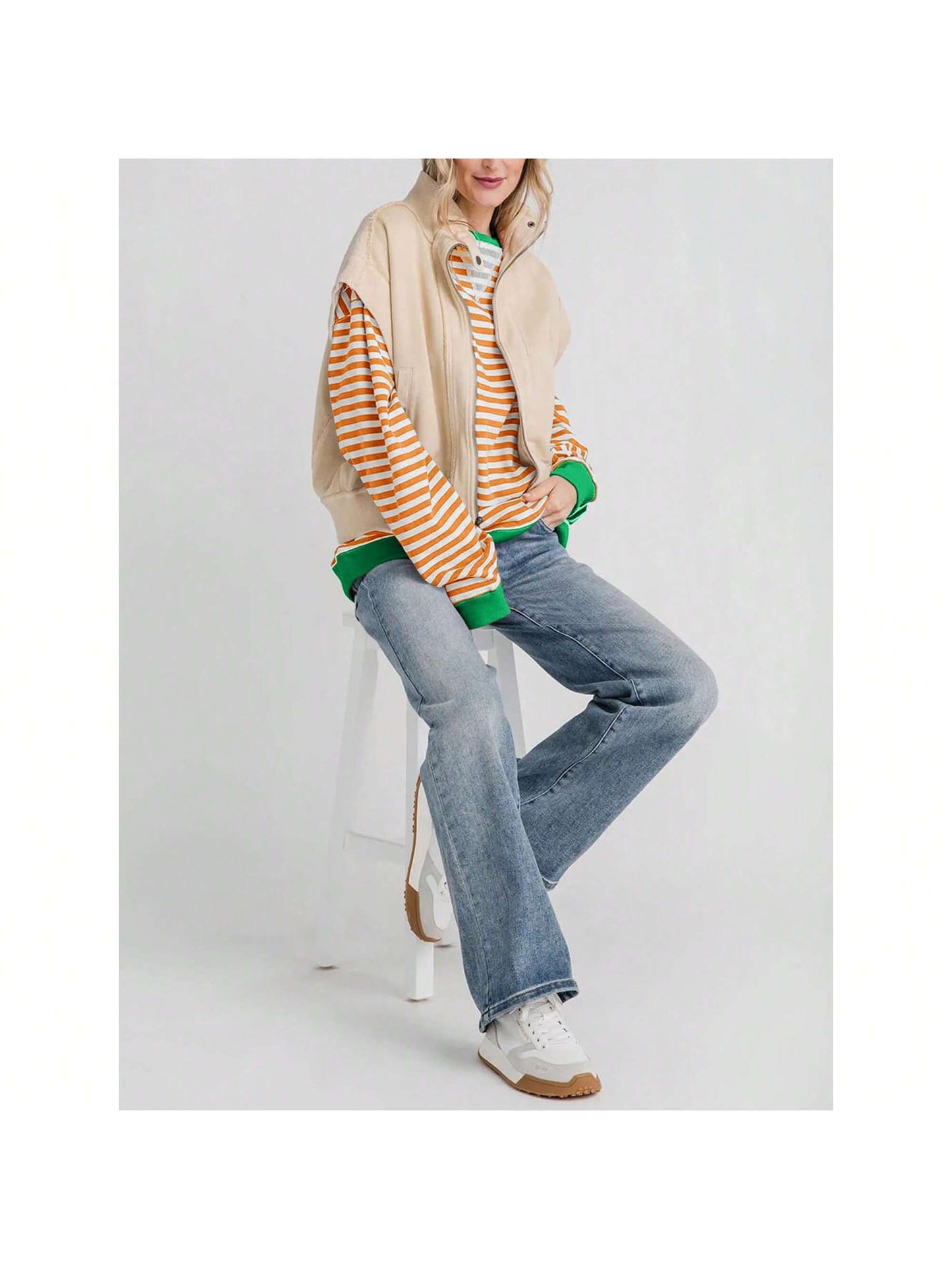 BZB  Womens Striped Oversized Sweatshirt Color Block Crew Neck Long Sleeve Shirt Casual Loose Pullover Top Y2K Clothes