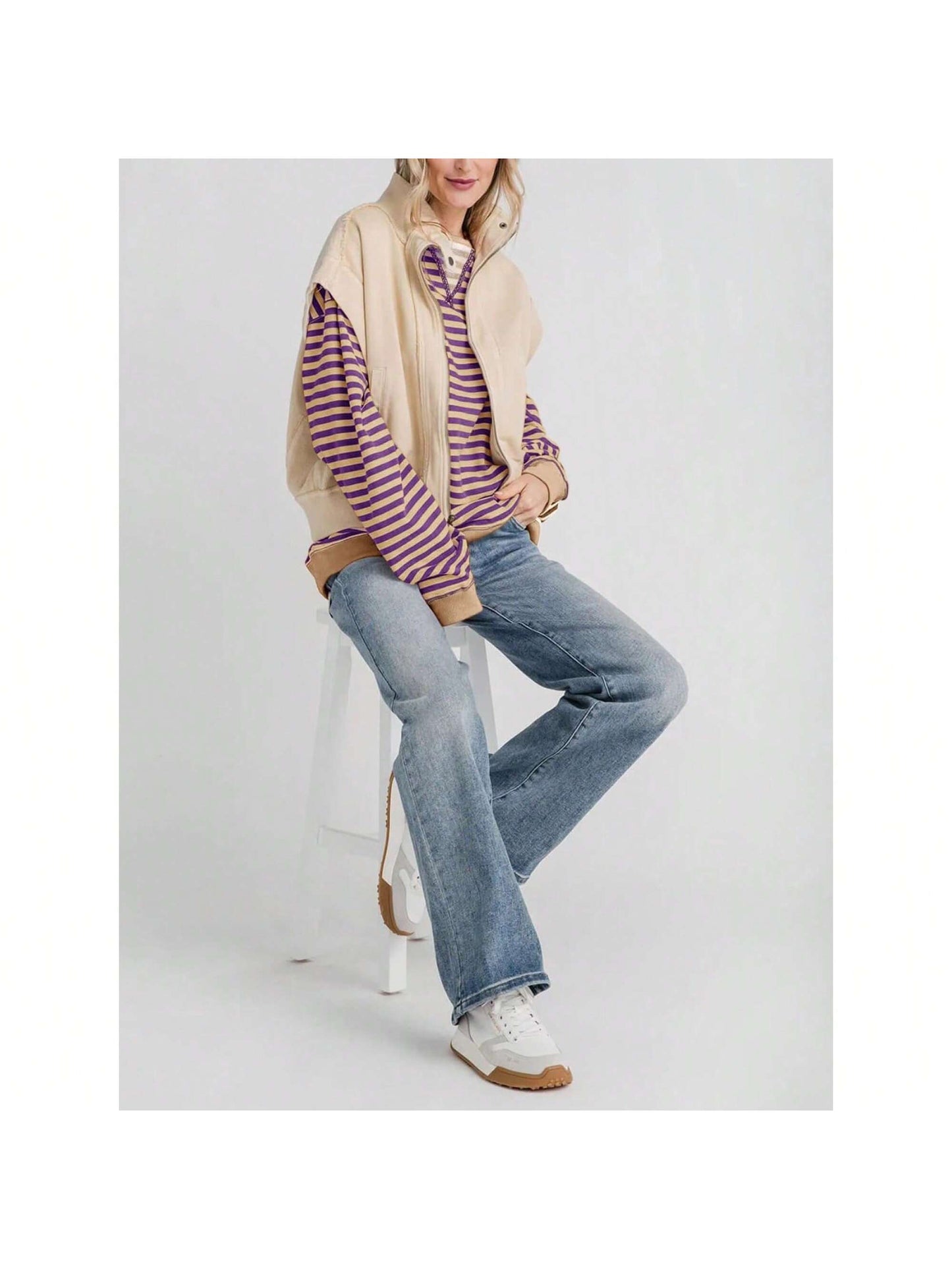 BZB  Womens Striped Oversized Sweatshirt Color Block Crew Neck Long Sleeve Shirt Casual Loose Pullover Top Y2K Clothes