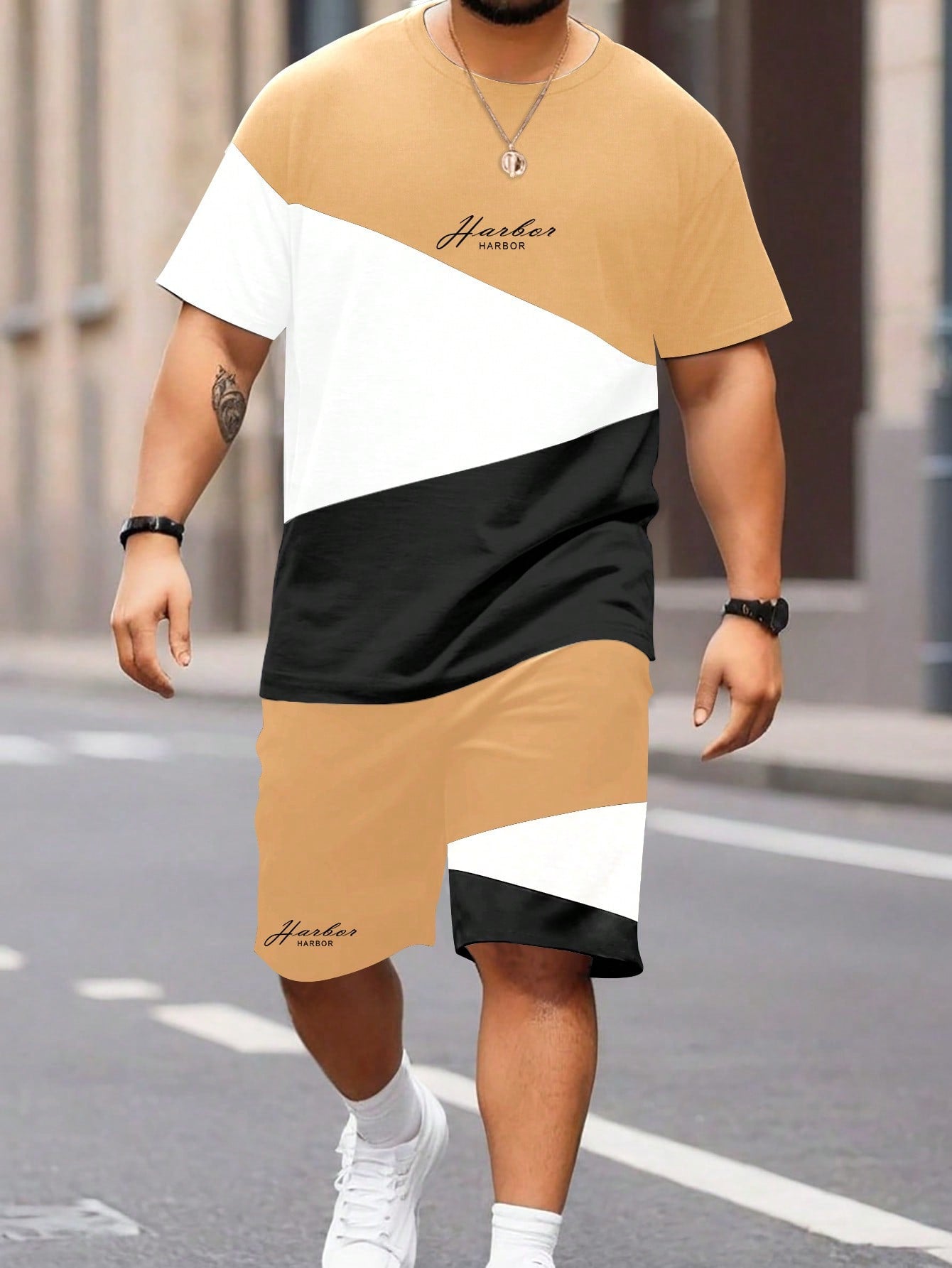 Plus Size Men Summer Fashion Three-Color Splice T-Shirt Set