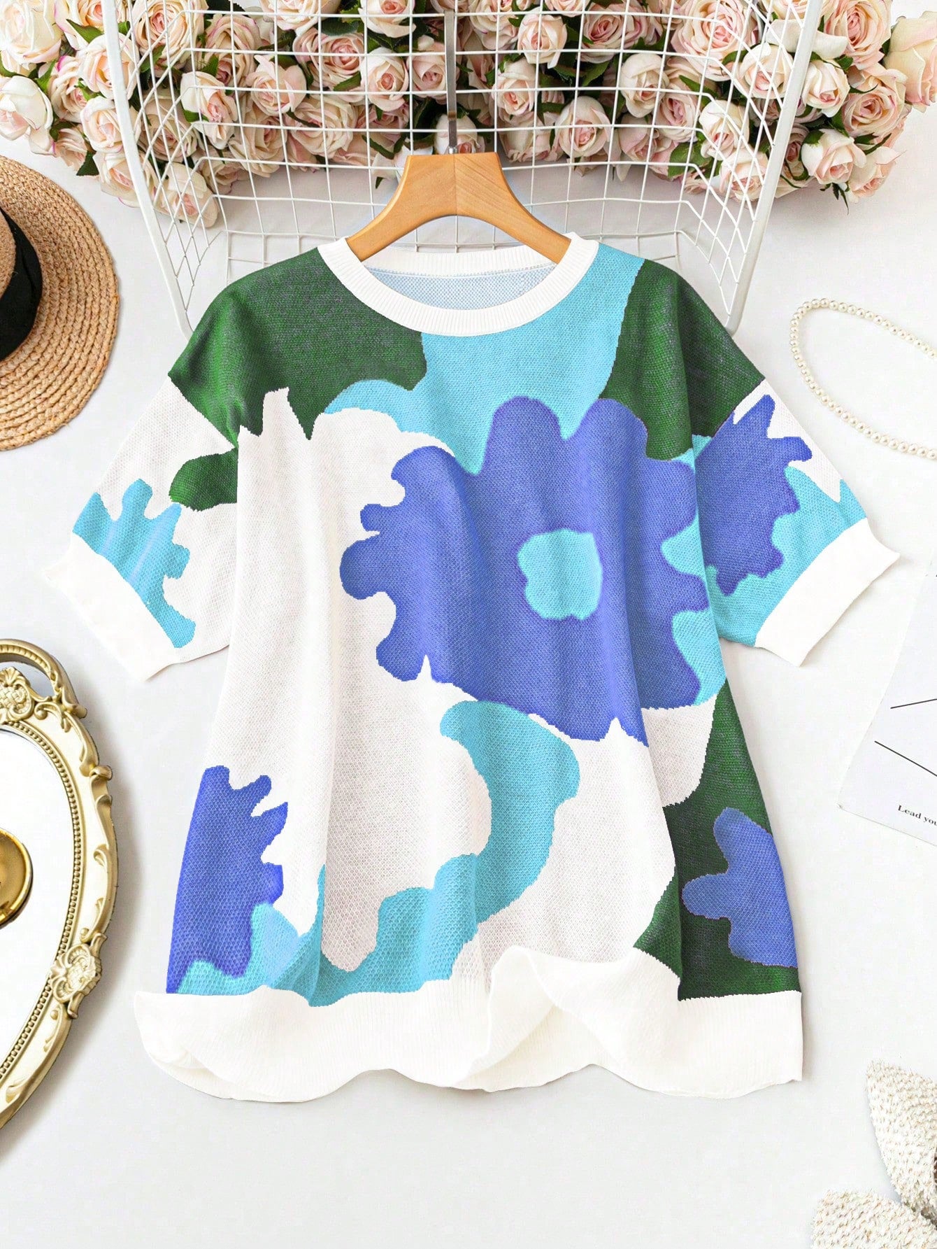 Plus Colorblock Floral Pattern Drop Shoulder Knit Top For Spring & Summer