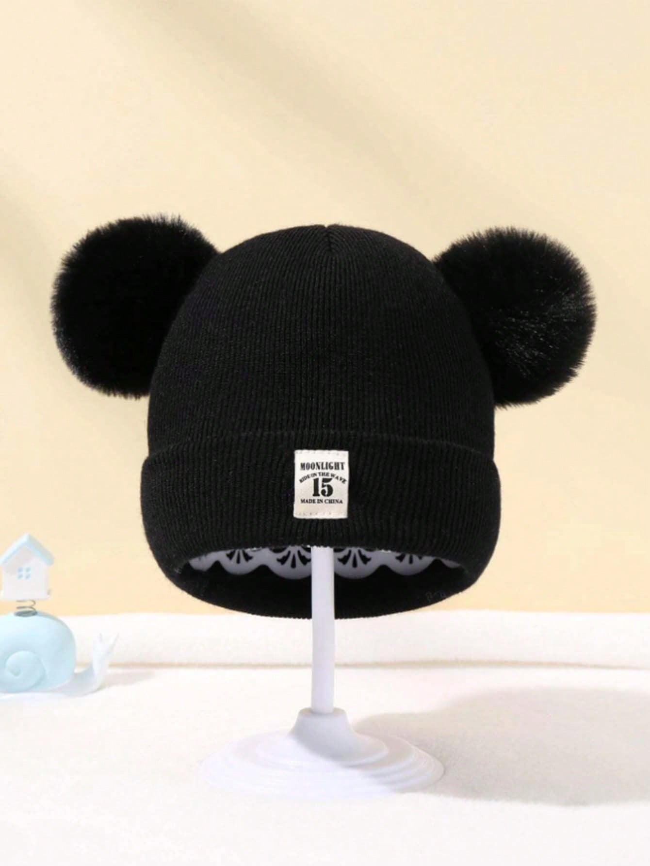 1pc Baby Double Pom Pom Knitted Hat With Label Pin, Autumn And Winter Warm Baby Hat, Men And Women Baby Fall And Winter Fetal Hat, Solid Color Wool Children's Double Pom Pom Hat