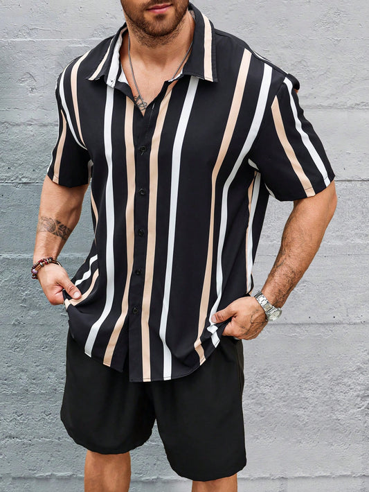 Men's Striped Printed Short Sleeve Shirt And Solid Color Shorts Set